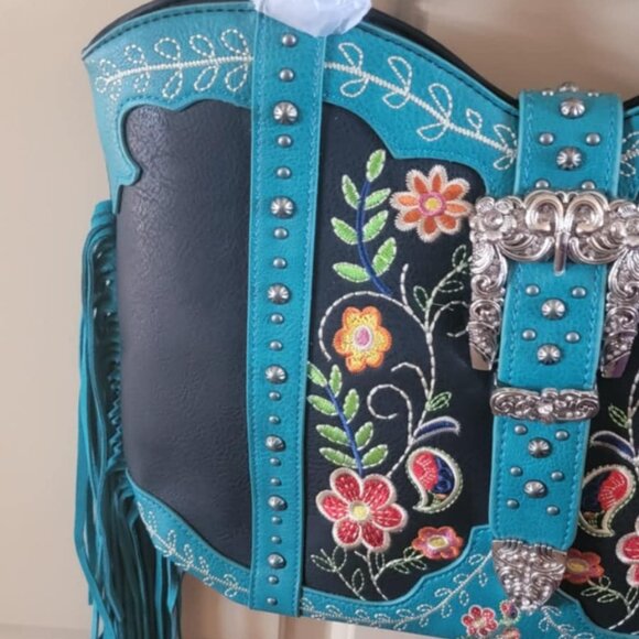 Montana West Floral Embroidered Fringe Tote Black w/Turquoise - Picture 6 of 7